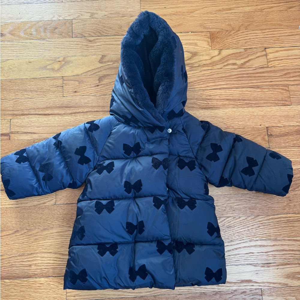 Jacadi Toddler Navy Blue Puffer Jacket with Bow Accents
